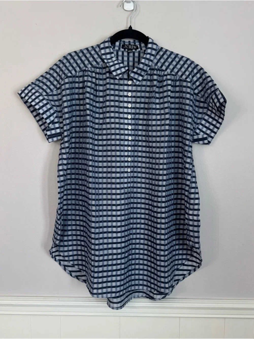 J. Crew Women’s Cap Sleeve Crinkled Tunic Beach Dress in Gingham Print Sz S NWT
